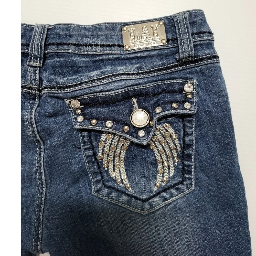 LA Idol USA Womens Distressed Denim Shorts Wing Rhinestone Studded Blue Size 9